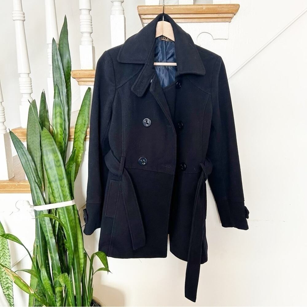 LOLA Made in Italy Womens Black Belted Waist Notched Lapel Winter Pea Coat Sz M